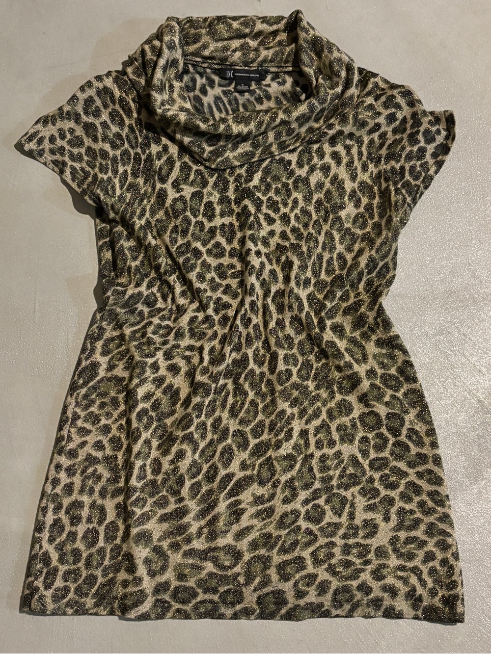 INC International Concepts Metallic Leopard Print Cowl Neck Top
